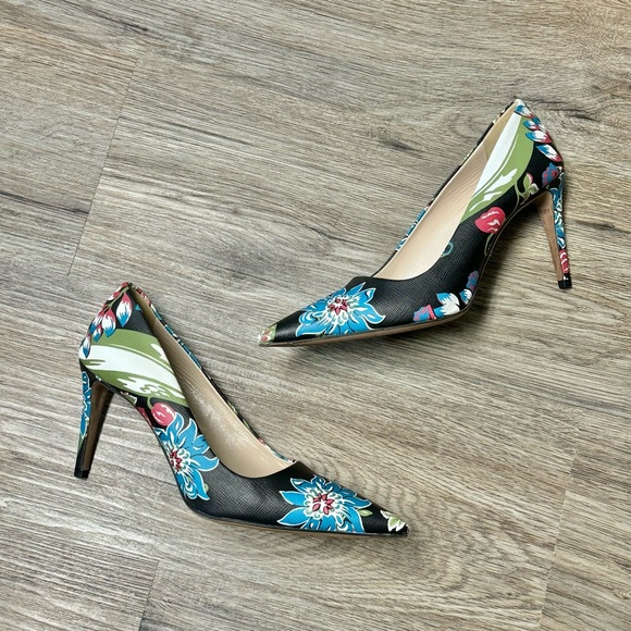 Prada St Ramage Black Floral Print Saffiano Leather Stiletto High Heels 7.5 37.5 - Picture 8 of 12